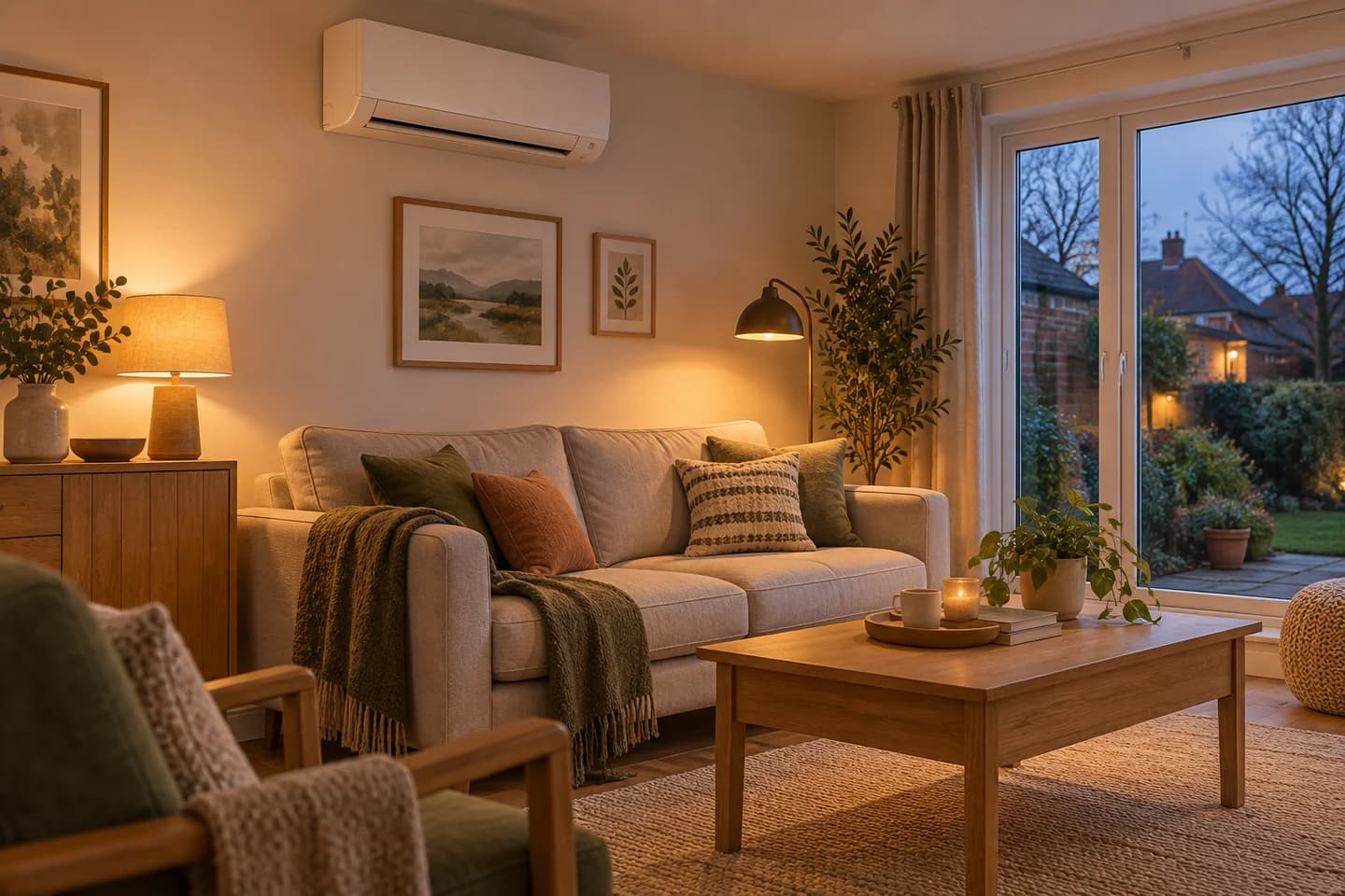Illustration of a warmly lit living room with a wall-mounted air-conditioning unit and a cool autumn garden outside.