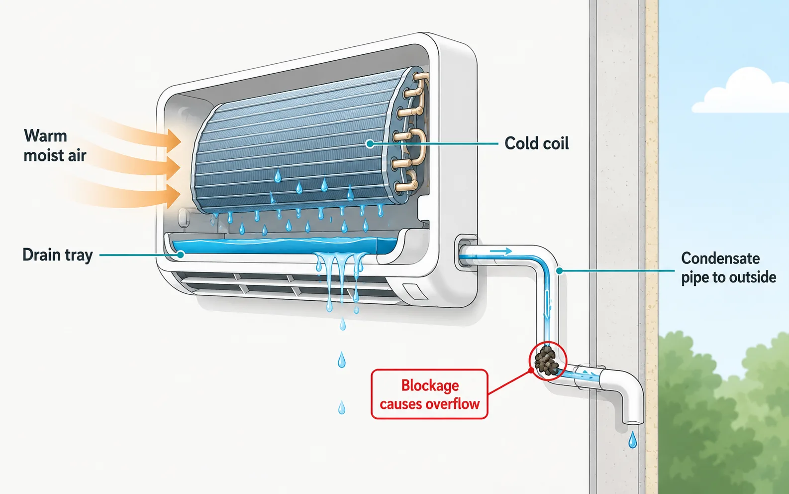 Cutaway of an air conditioning indoor unit showing warm moist air over the cold coil, water collecting in the drain tray, and the condensate pipe draining outside, with a blockage causing an overflow.