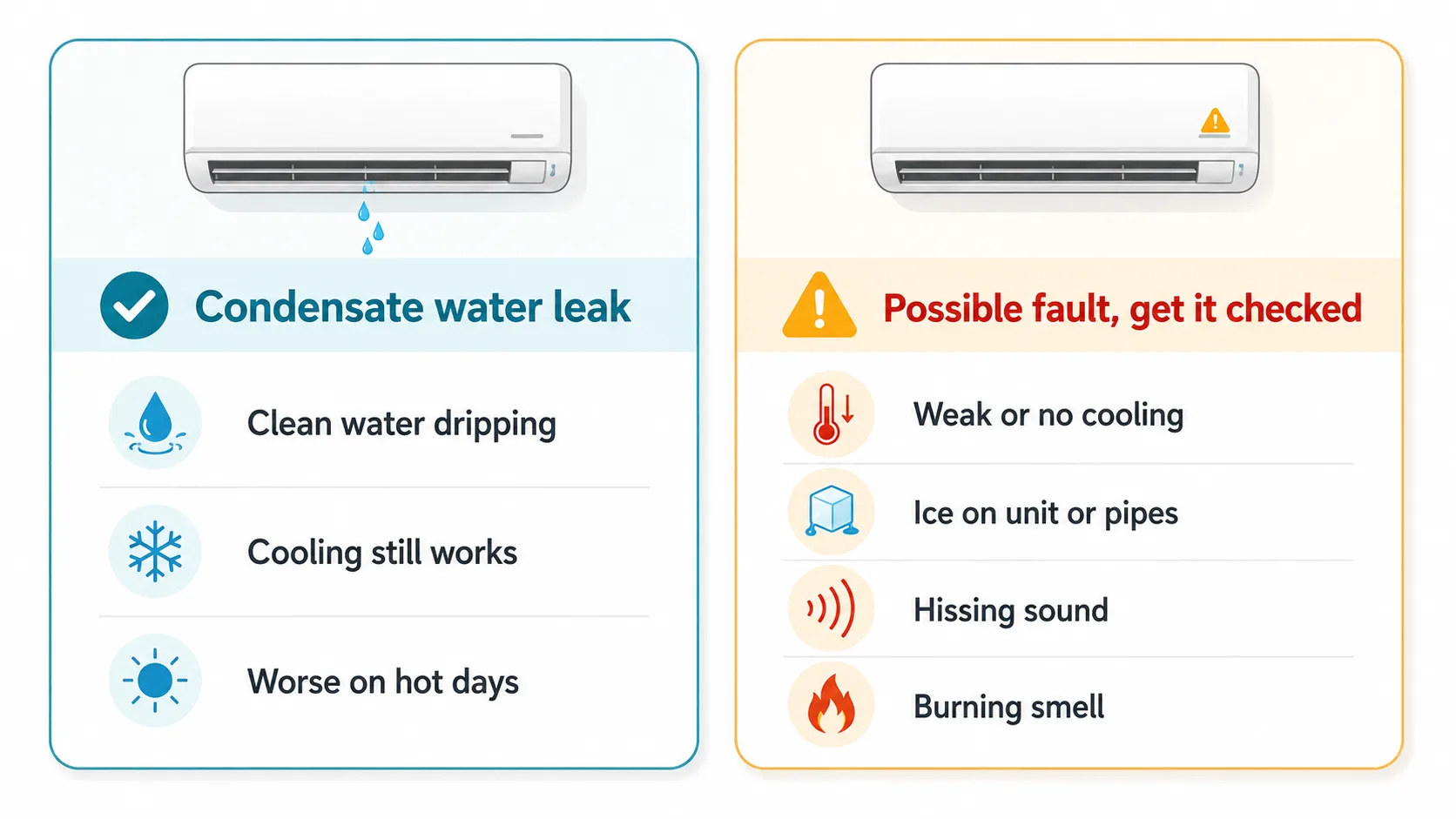 Comparison showing a harmless condensate water leak with normal cooling versus signs of a refrigerant leak or fault such as weak cooling, ice, hissing or a burning smell.