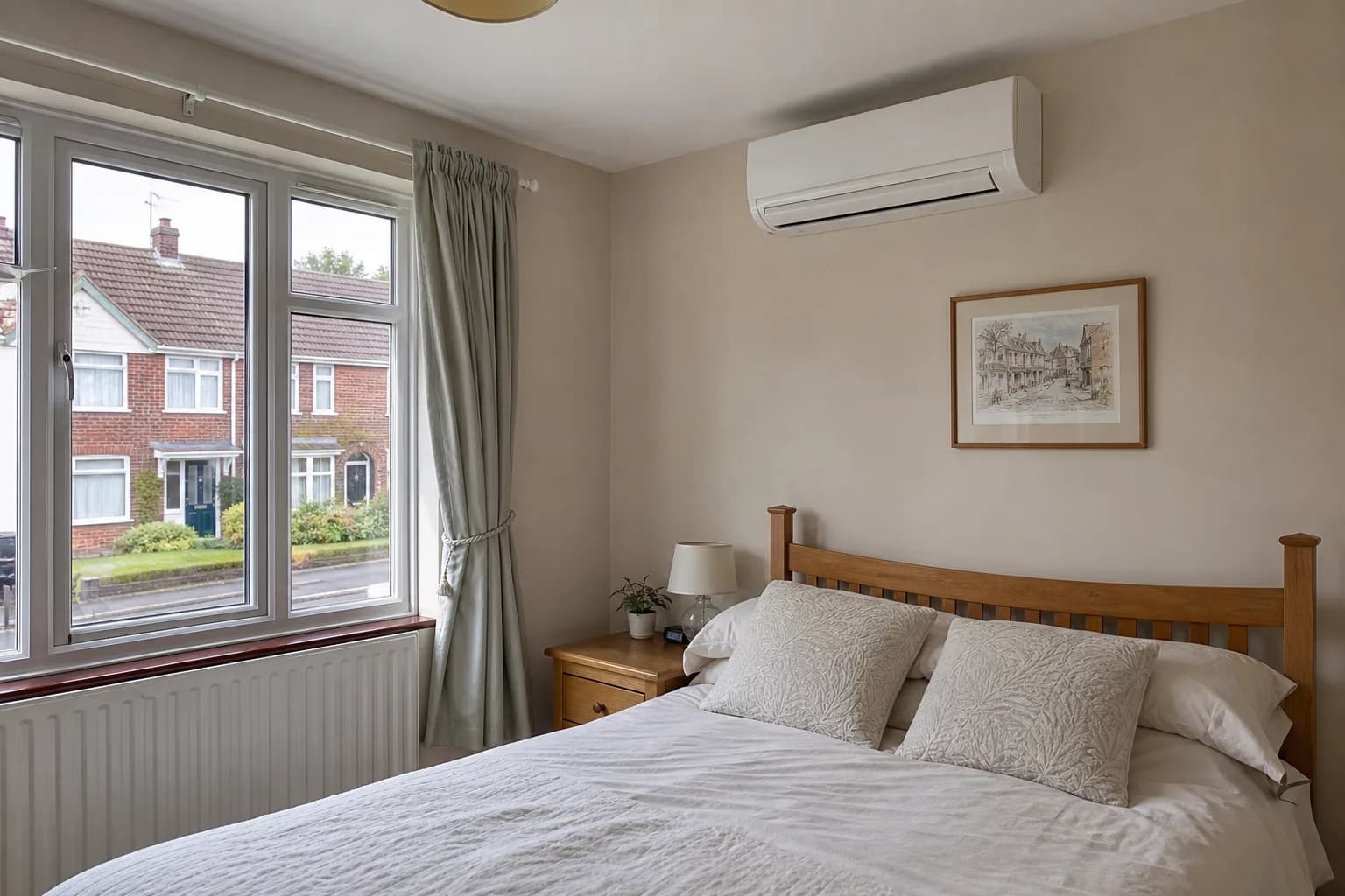 Illustrative generated example of a white high-wall air conditioning unit in a modest English bedroom.