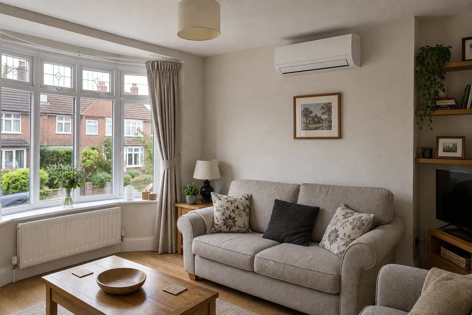 Illustrative generated example of a white high-wall air conditioning unit in a typical English living room.