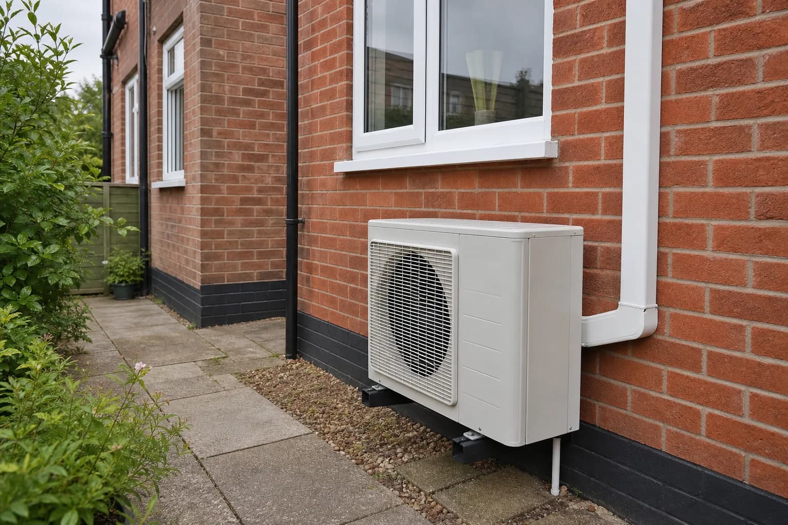 Illustrative generated example of an outdoor air conditioning unit on a red brick English semi-detached house.